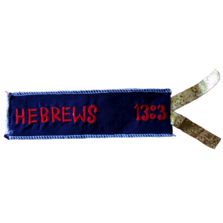 Hand EMbroidered Bookmark blue and red Hebrews 13:3